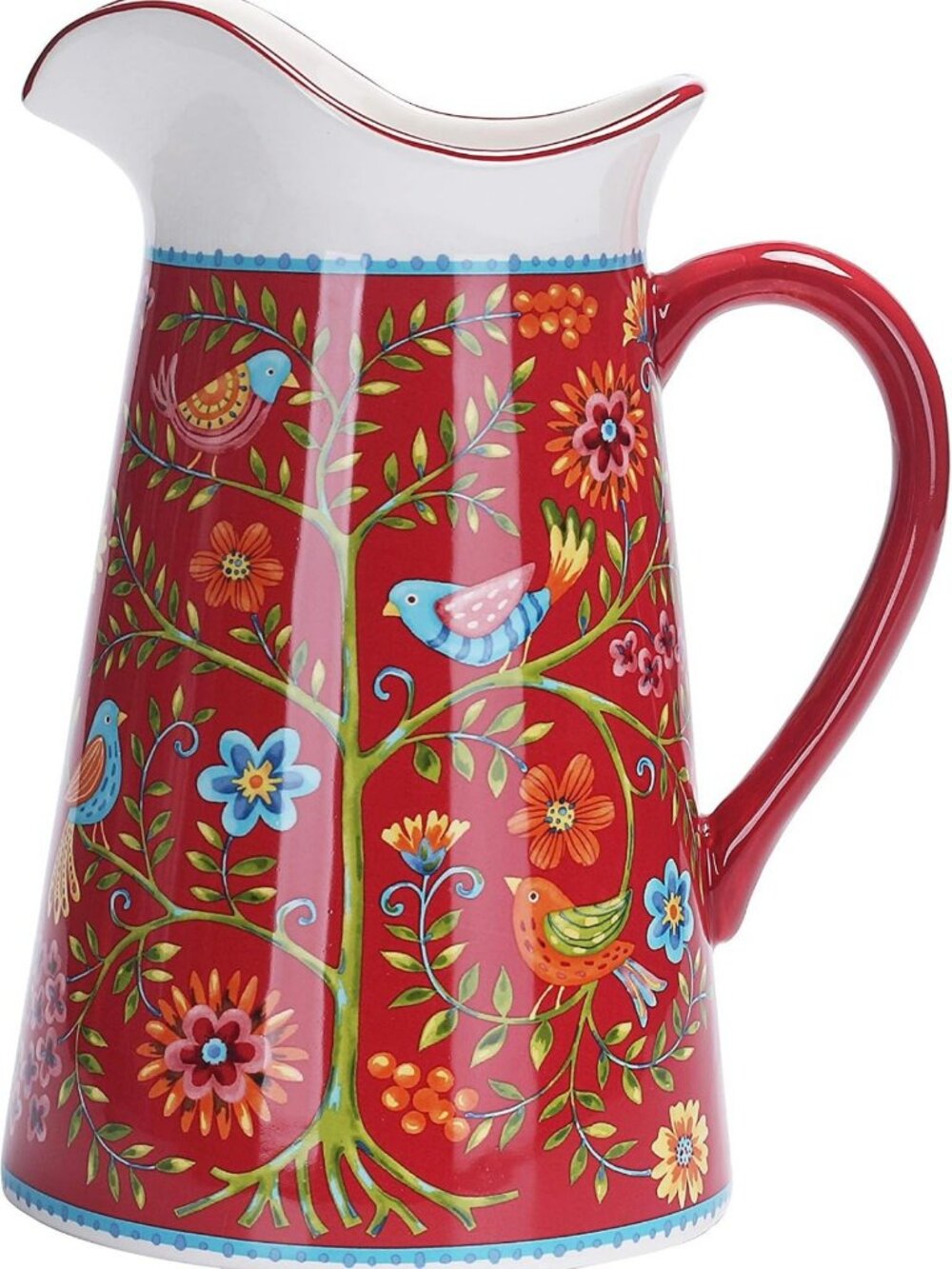 Red Ceramic Pitcher 2.5 Quarts with Handle - Decorative Vase for Flowers